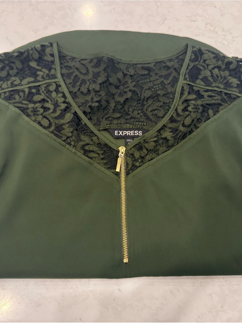 Express Olive Lace V-Neck Top with Gold Zip